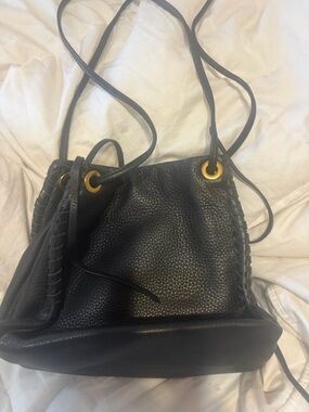 HOBO Black Pebbled Leather Drawstring Shoulder Bag with Gold Hardware